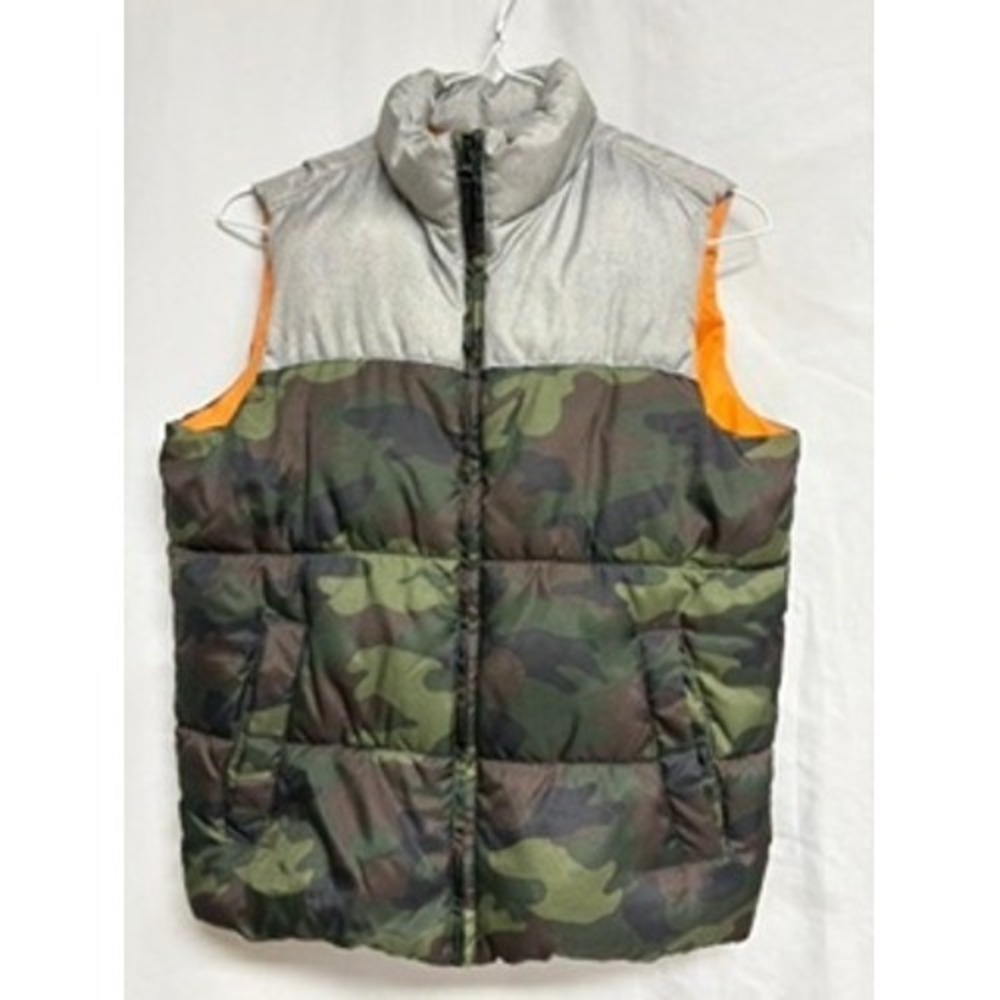 Old Navy Kids Camo Puffer Vest Grey Orange L 10-12 Camouflage Zip Up